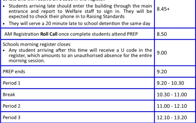 School Day Timings, from Sept 2019